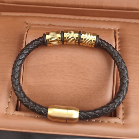 Pulseira Masculina de Couro e Bronze Titan