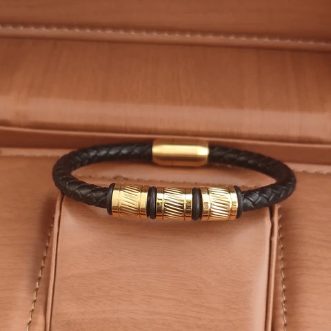 Pulseira Masculina de Couro e Bronze Titan