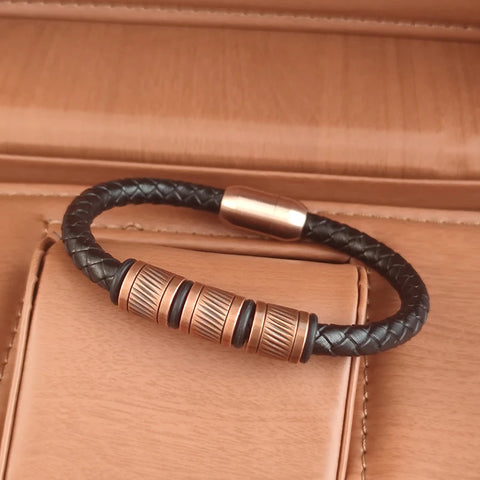 Pulseira Masculina de Couro e Bronze Titan