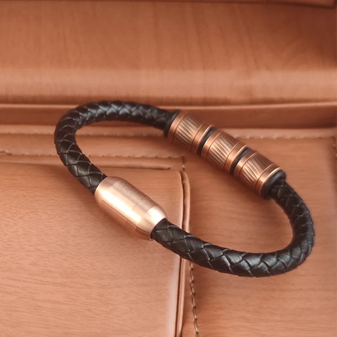 Pulseira Masculina de Couro e Bronze Titan