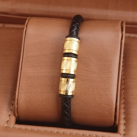 Pulseira Masculina de Couro e Bronze Titan